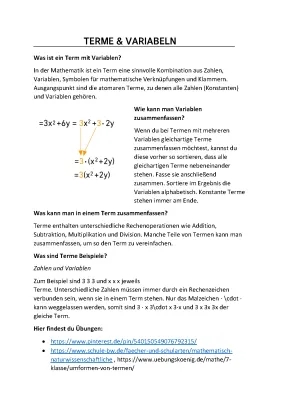 Terme und Variablen Klasse 7 & 8 - Übungen mit Lösungen und Regeln