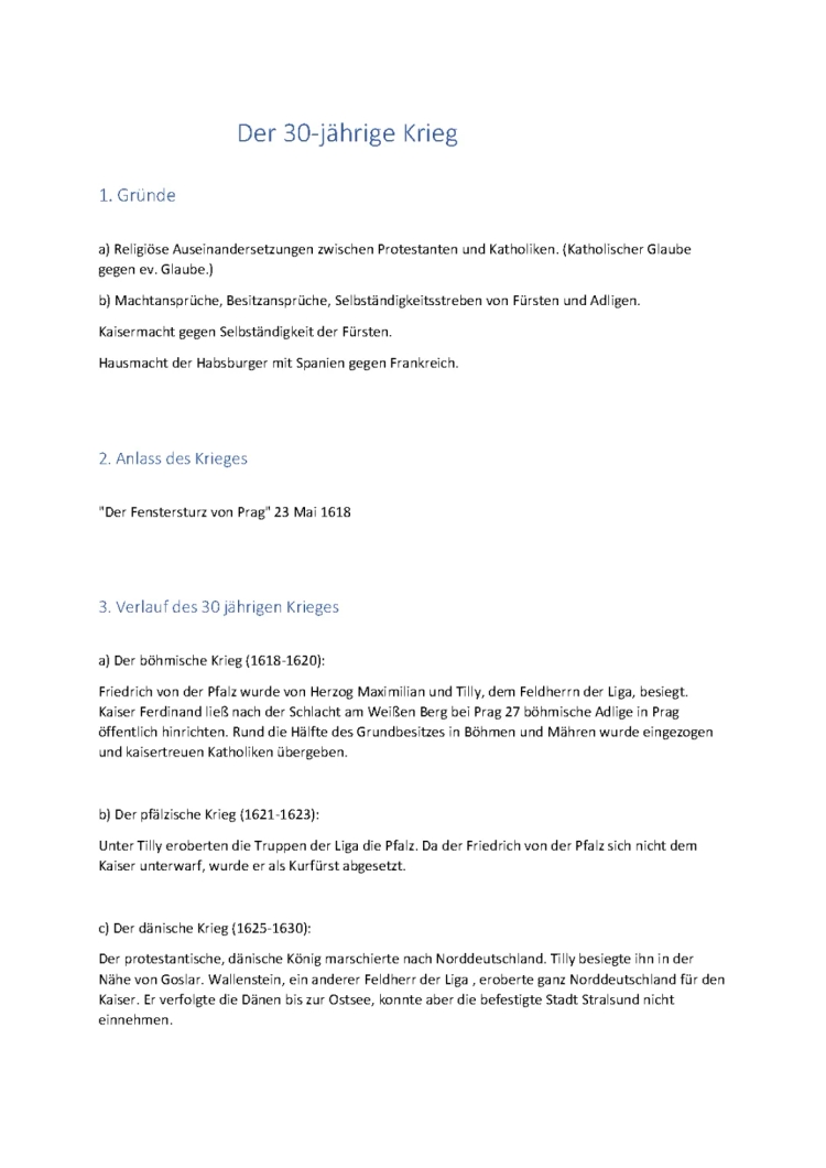 Was du über den 30-jährigen Krieg wissen musst - Kurzfassung und Zusammenfassung PDF