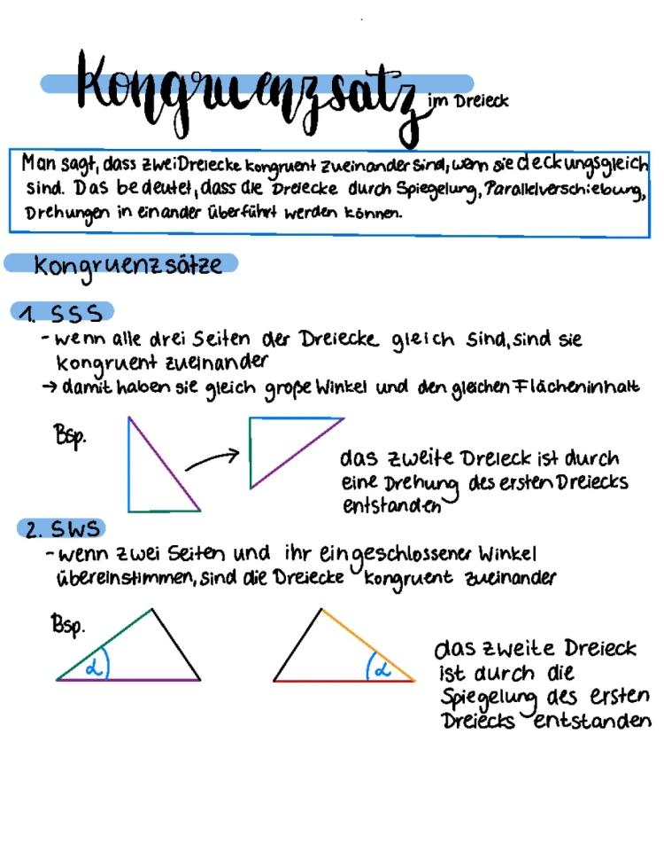 Kongruenzsätze Dreieck PDF: SSS, SWS, und WSW leicht erklärt