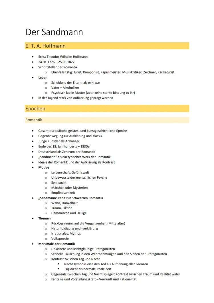 Sandmann by E.T.A. Hoffmann: Summary and Key Themes for Abitur 2023