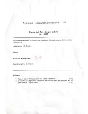 Corpus Delicti Klausur PDF: Literarische Erörterung mit Außentext, Einleitung und Zaunreiterin