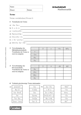 Terme und Gleichungen Klasse 6-10: Übungen und Arbeitsblätter mit Lösungen