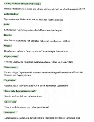 Systemebenen Biologie: Von der Zelle zum Organismus - Klasse 7 Arbeitsblatt