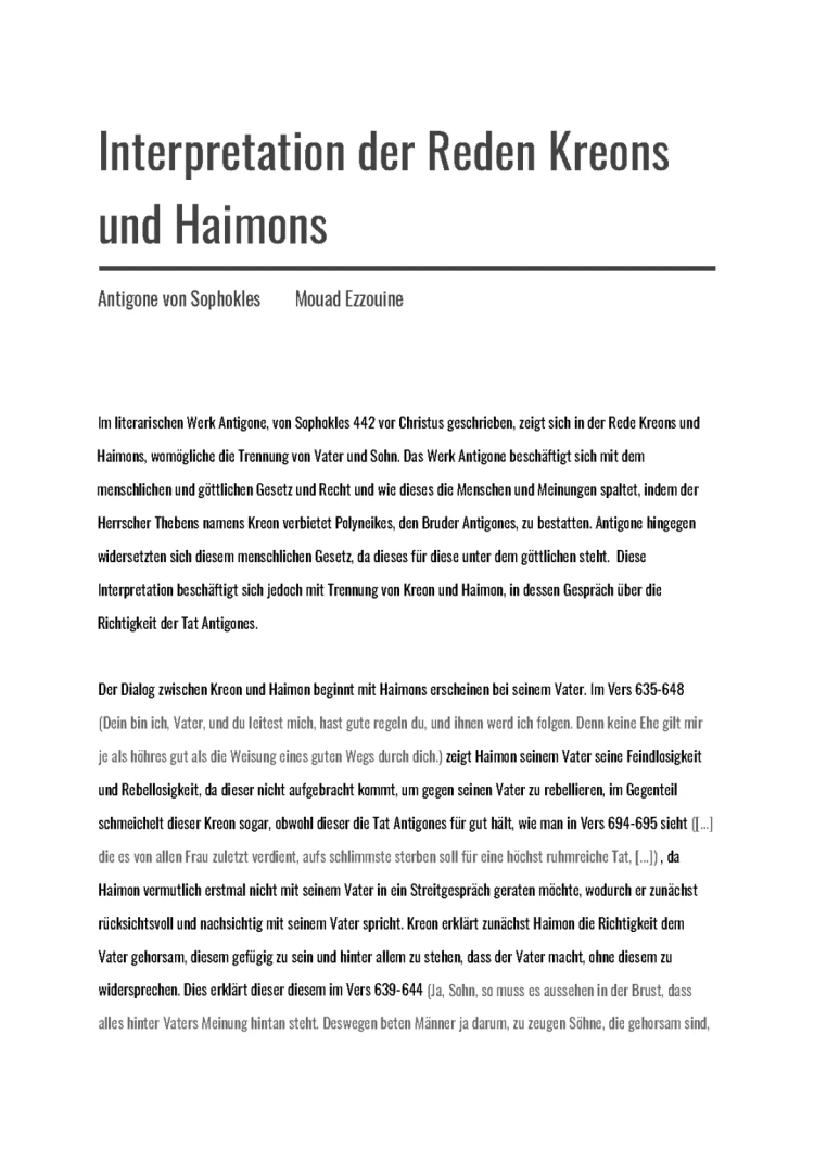 Anitigone Interpretation der großen Rede zwischen Kreon und Haimon