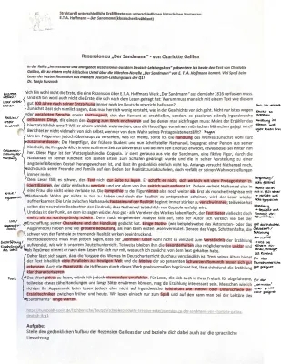 Der Sandmann - Analyse Klausur: Zusammenfassung, Textstellen und Interpretation