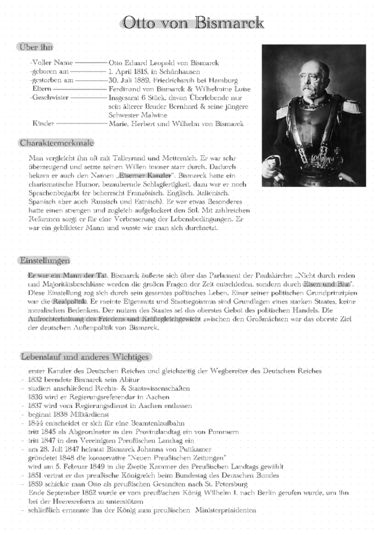 Otto von Bismarck Steckbrief PDF - Seine Familie, Ausbildung und politischer Werdegang