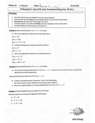 Klausur Exponentialfunktionen Klasse 10-12, Integrale, Logarithmen mit Lösungen PDF