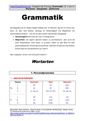 Deutsche Grammatik PDF Übersicht - Wortarten, Satzglieder, Zeitformen