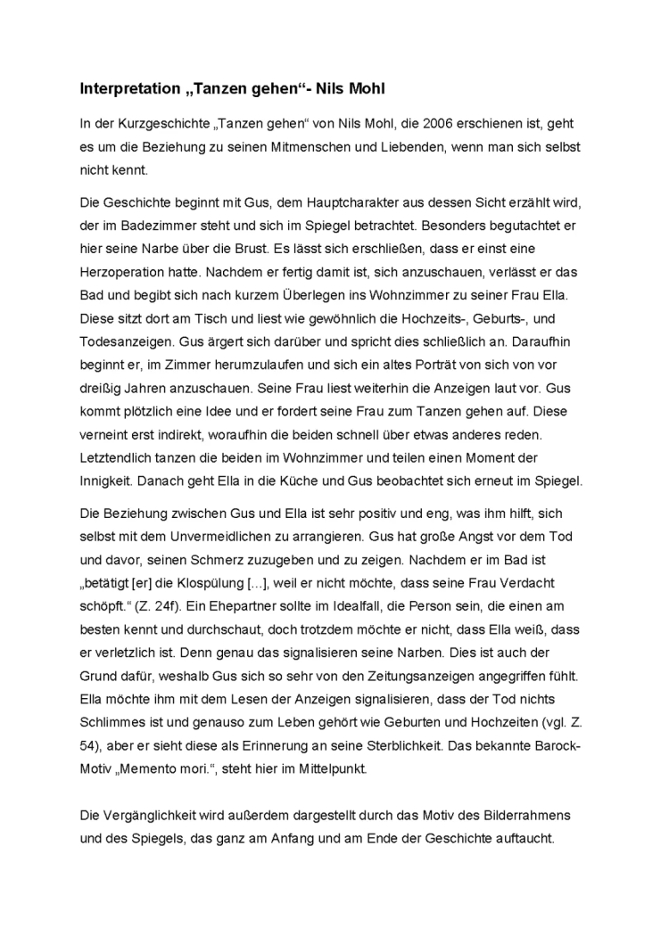 Textinterpretation Tanzen Gehen - Nils Mohl