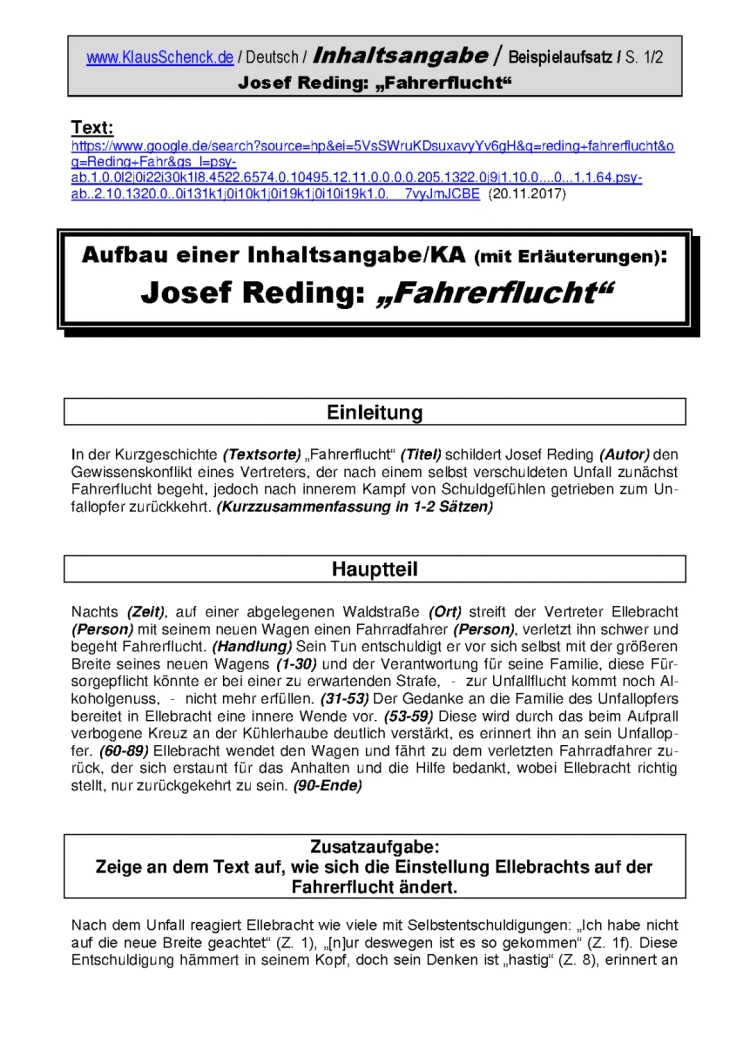 Inhaltsangabe / Reding: "Fahrerflucht" (KA-Training)