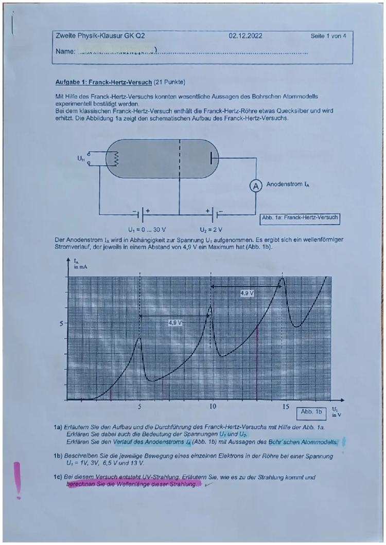 Physik Klausur Q2 12.Klasse Atomphysik