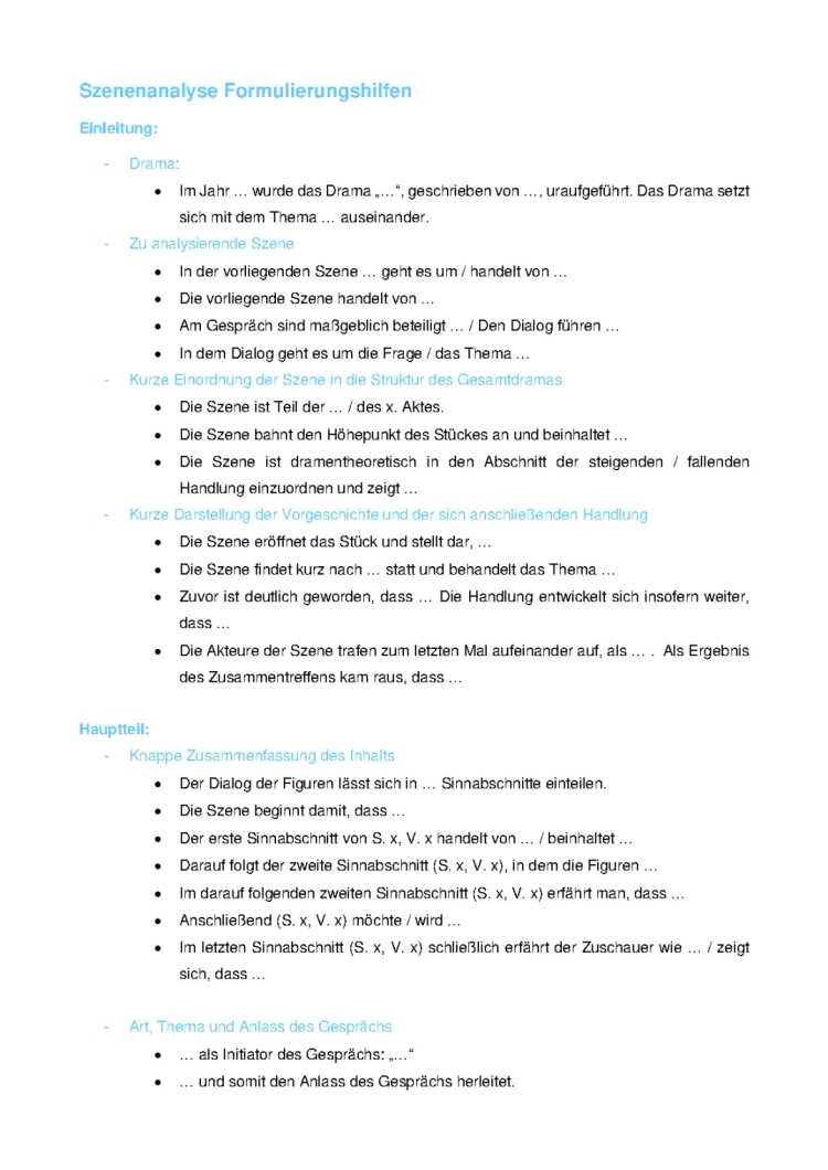 Formulierungshilfen für Dramaszenenanalyse