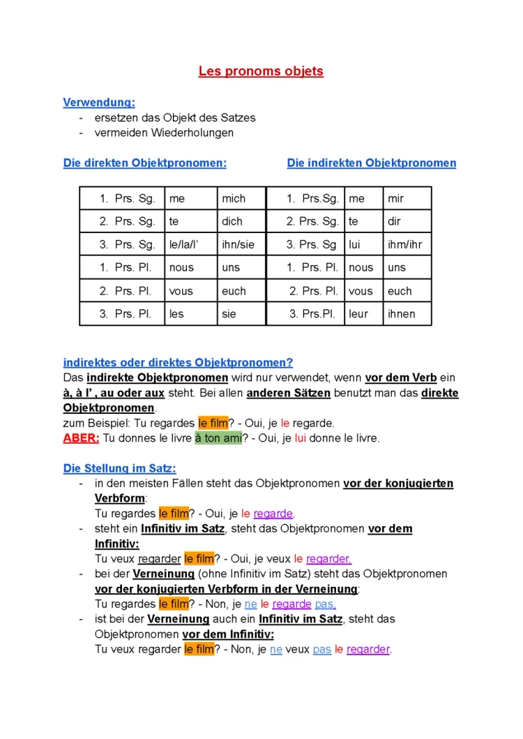 Direkte und indirekte Objektpronomen Französisch Übungen und Beispielsätze