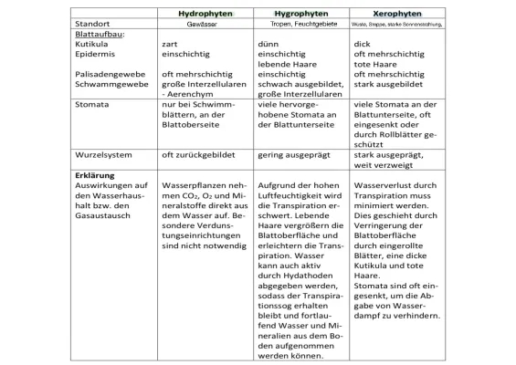 Les Hydrophytes, Hygrophytes et Xérophytes : Tableau et Exemples