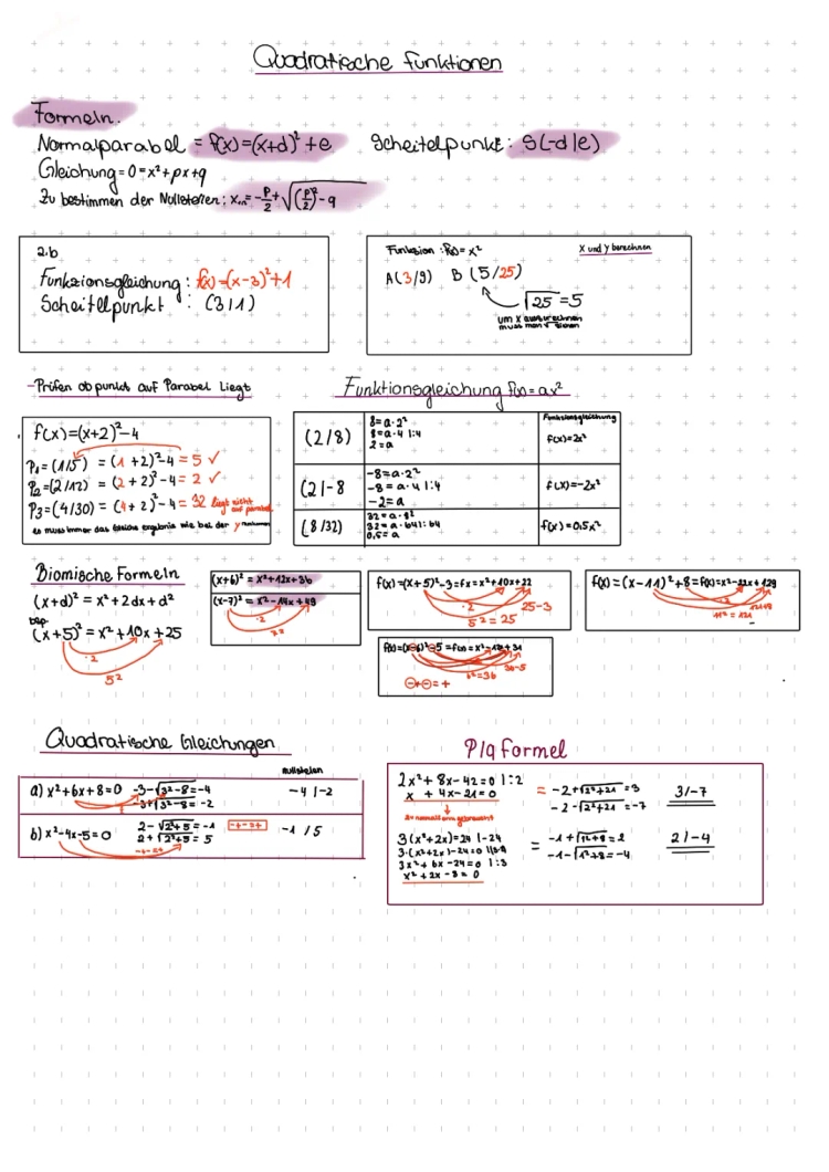 Quadratische Funktionen Lernzettel - Übersicht PDF, Zusammenfassung & Nullstellen Berechnen