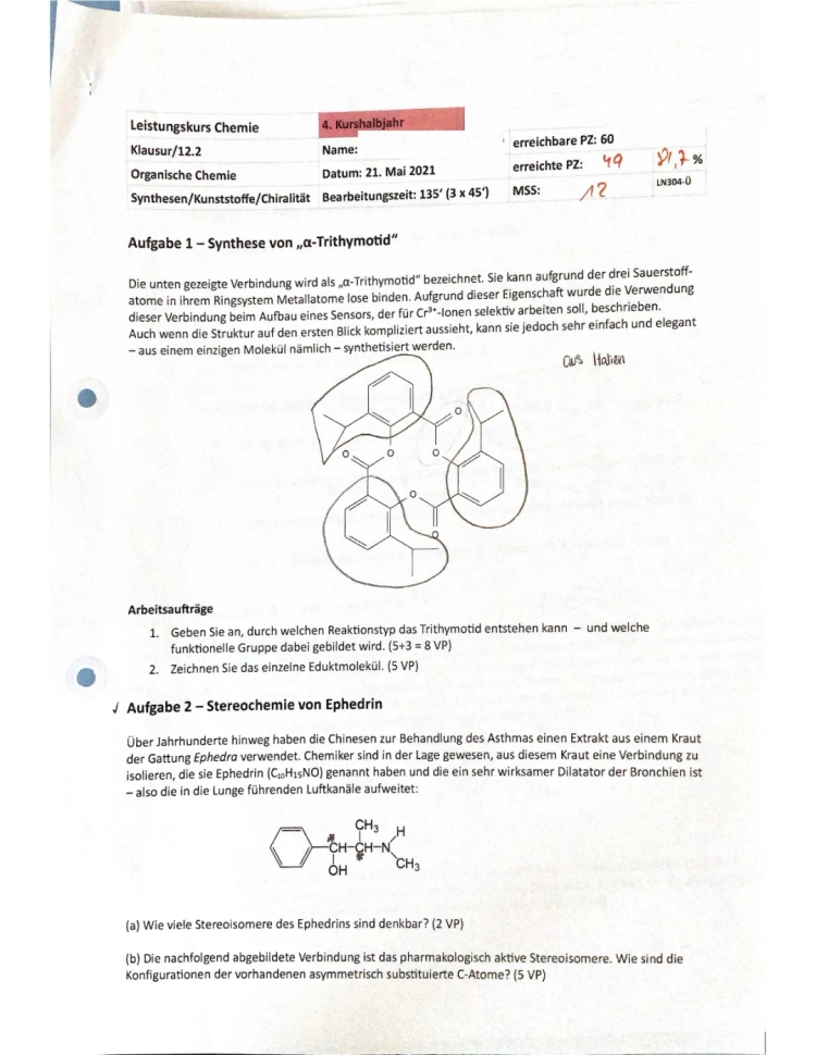 Organische Chemie Klausur mit Lösung: Stereochemie und Ethyl-2-Cyanacrylat