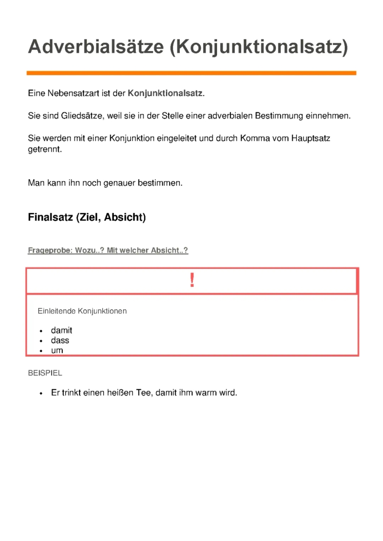 Adverbialsätze Tabelle und Übungen mit Lösungen für Klasse 7