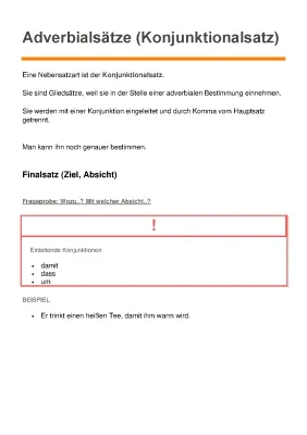 Adverbialsätze Tabelle und Übungen mit Lösungen für Klasse 7