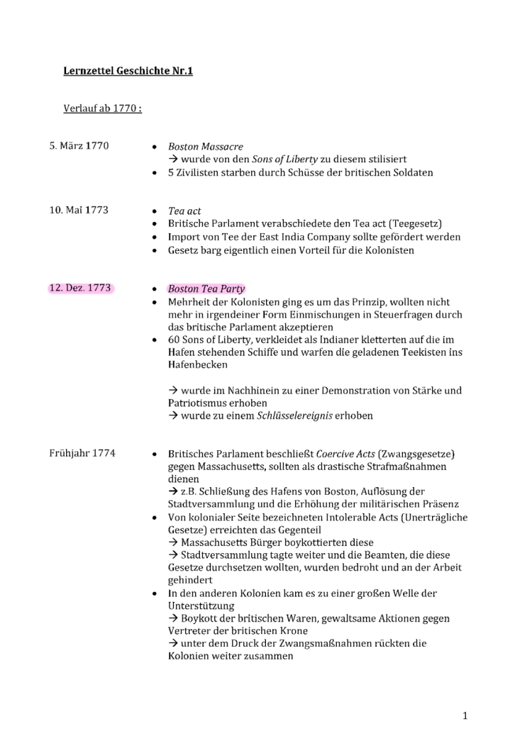 Amerikanische Revolution Lernzettel: Zeitstrahl, Verfassung USA 1787 und Quellenanalyse Beispiel