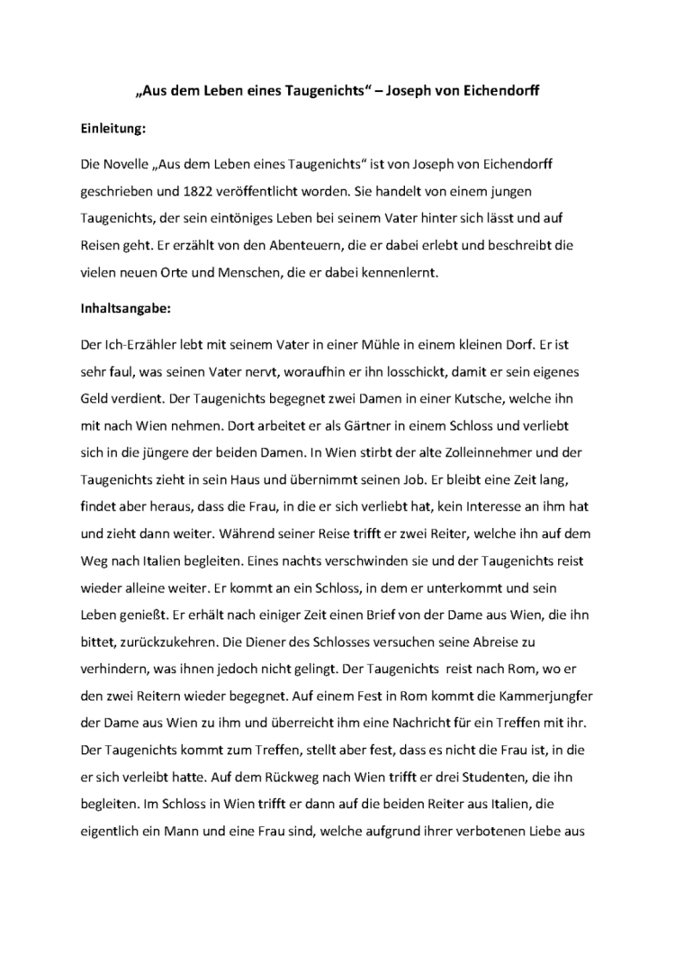 Aus dem Leben eines Taugenichts - Zusammenfassung, Analyse und mehr zu Kapitel 1, wichtige Textstellen und Charakterisierung