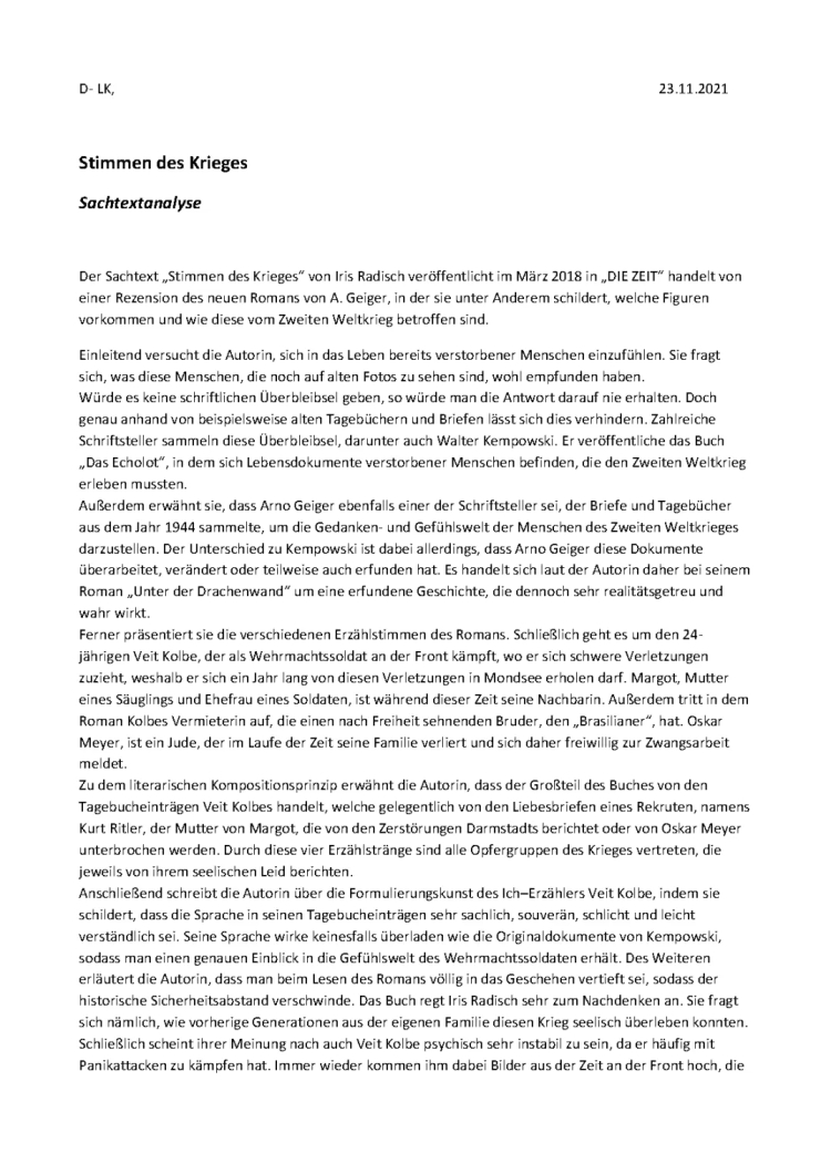 Stimmen des Krieges Iris Radisch; Sachtextanalyse zu einer Rezension (Unter der Drachenwand von Arno Geiger)