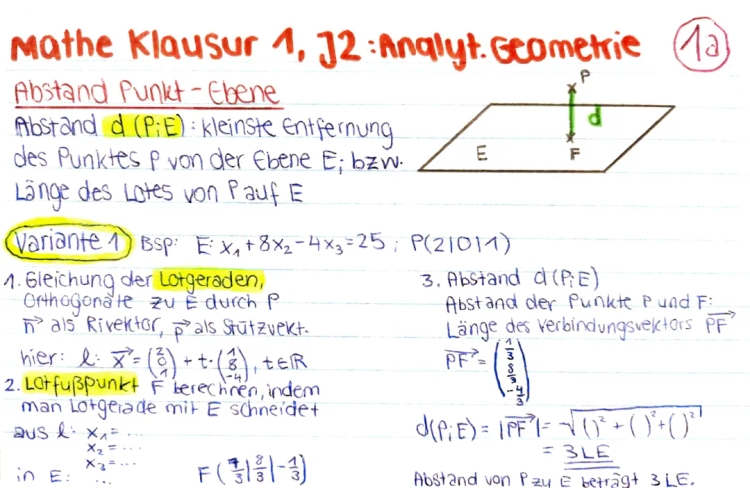 KA1 Zusammenfassung 12. Klasse: Analytische Geometrie - Abstände und Aufgaben