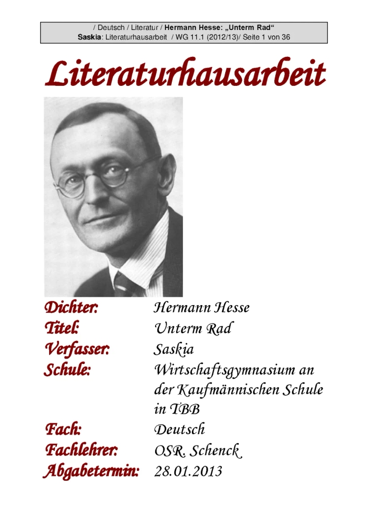 Hermann Hesse: "Unterm Rad" (Schüler-Hausarbeit, Kl. 11)