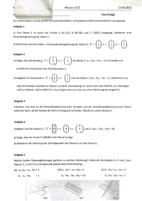 Mathe Klausur 11 Klasse: Vektoren mit Lösungen, Ebenengleichung aufstellen, PDF-Übungen