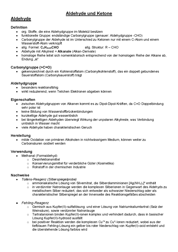 Eigenschaften von Aldehyden und Ketonen: Unterschiede, Verwendung und Nachweis