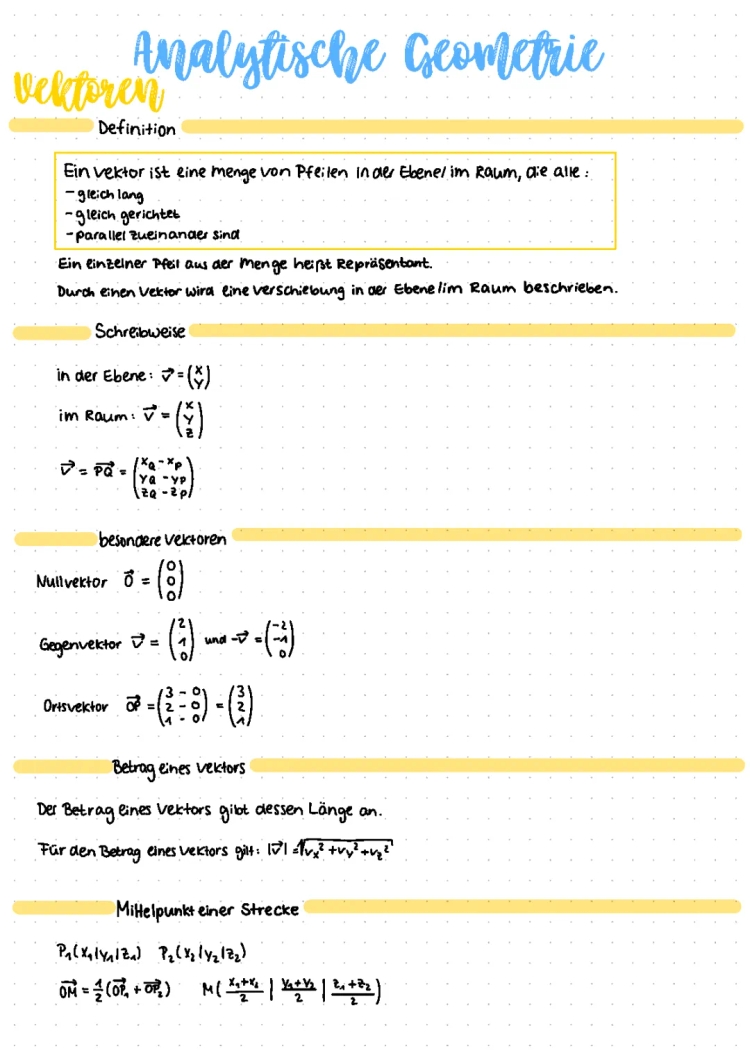 Analytische Geometrie Zusammenfassung PDF: Vektoren, Geraden, Ebenen & Aufgaben mit Lösungen