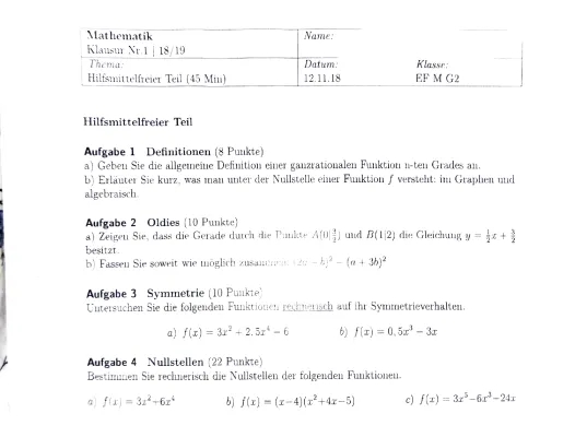 Mathe Analysis Aufgaben mit Lösungen: Nullstellen und Kurvendiskussion (PDF) für Klasse 10/11/12