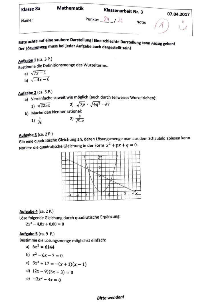 Wurzel Übungen PDF Klasse 8 und 9, Quadratische Gleichungen mit Lösungen