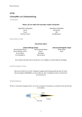 Zusammenfassung Schuljahr  Klasse 6 Physik