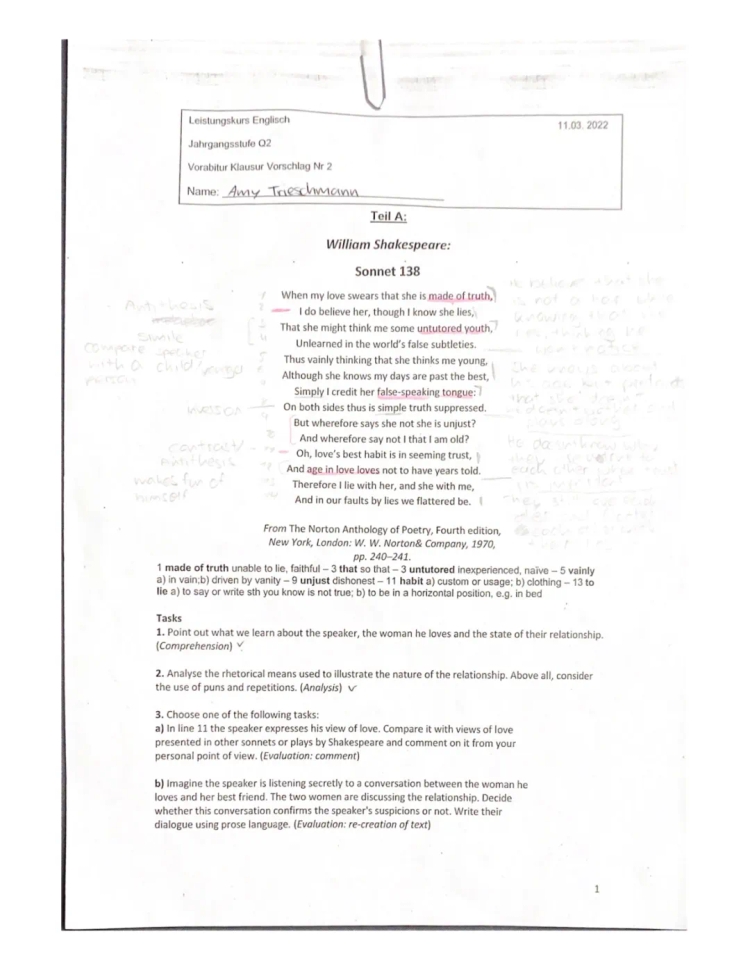 Sonnet 138 analysis - Shakespeare Sonnet Example für Englisch LK Klausur