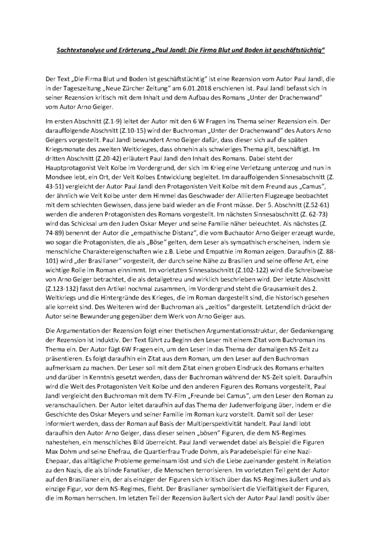 Sachtextanalyse und Erörterung zur Rezension von Paul Jandl zum Buchroman „Unter der Drachenwand“ von Arno Geiger