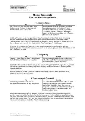 Pro und KONTRA Todesstrafe Tabelle - Argumente & Fakten für den Unterricht