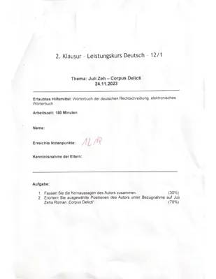 Corpus Delicti Klausur PDF: Literarische Erörterung mit Außentext, Einleitung und Zaunreiterin