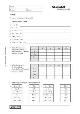 Terme und Gleichungen Klasse 6-10: Arbeitsblätter und Übungen mit Lösungen