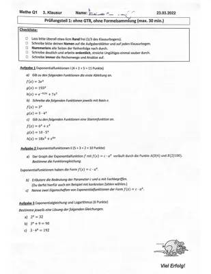 Klausur Exponentialfunktionen Klasse 10-12, Integrale, Logarithmen mit Lösungen PDF