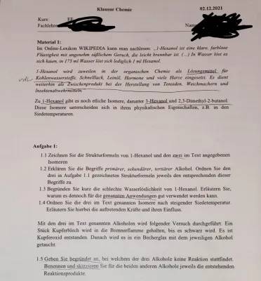 Chemie: Hexanol Strukturformeln, Oxidationszahlen Übungen und mehr