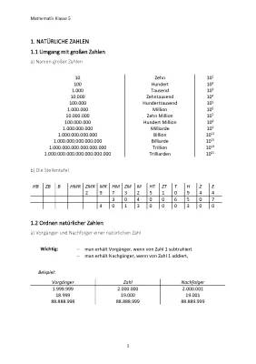 Zusammenfassung Schuljahr Klasse 5  Mathematik