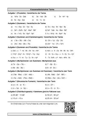 Terme und Binomische Formeln Übungen für Klasse 7 und 8 mit Lösungen PDF