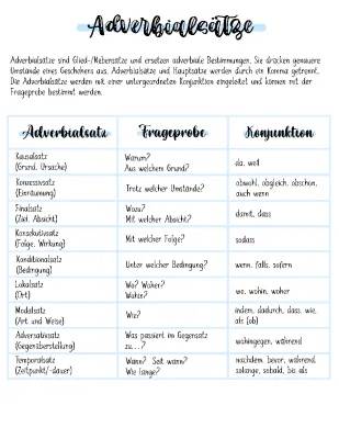 Adverbialsätze Übungen und Beispiele - Tabelle, Klasse 7 PDF, mit Lösungen