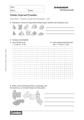 Zylinder, Kegel und Pyramide: Volumen, Oberflächen und Übungsblätter