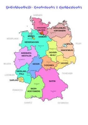 Kostenlose Große Deutschlandkarte mit Bundesländern und Hauptstädten + Nachbarländer Arbeitsblatt