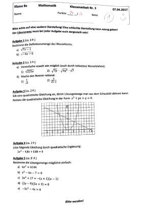 Wurzel und Quadratische Gleichungen Übungen PDF für Klasse 8 und 9