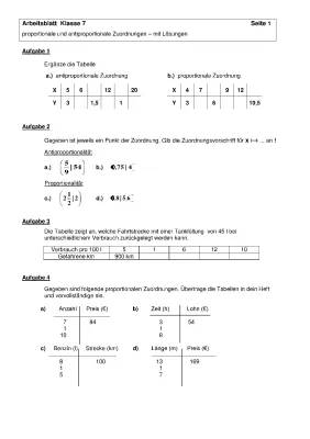 Arbeitsblatt zu proportionalen und antiproportionalen Zuordnungen für die 7. Klasse