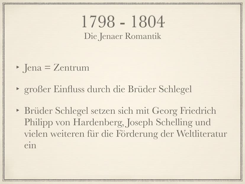 Die Romantik
1795 bis 1835 Die Welt muß romantisiert werden. So findet man den
ursprünglichen Sinn wieder. Indem ich dem Gemeinen einen
hohe