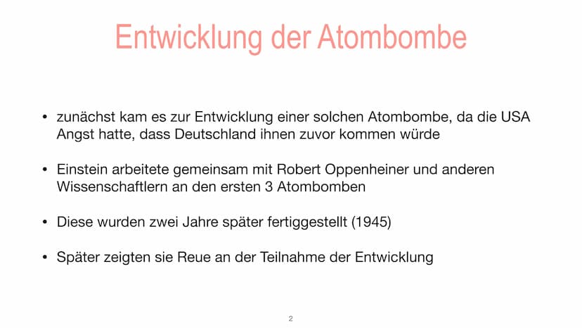 
<p>Zunächst wurde die Atombombe entwickelt, da die USA befürchtete, dass Deutschland ihnen zuvorkommen könnte. Albert Einstein arbeitete ge