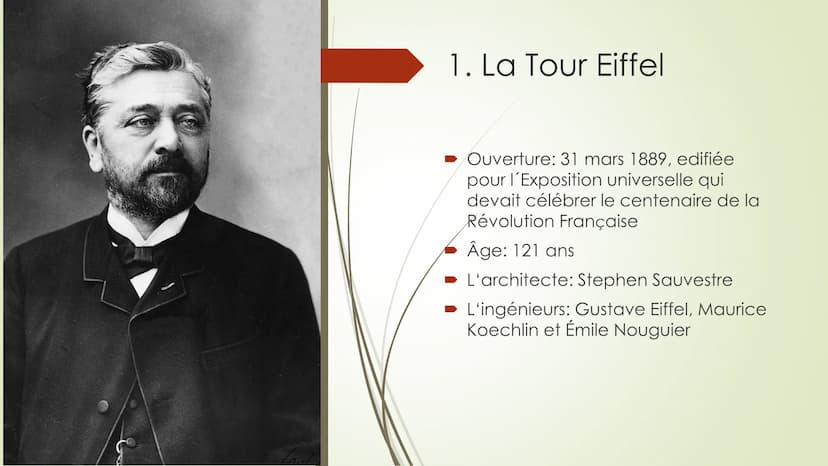 Sites à Paris
ENE 1. La Tour Eiffel
Ouverture: 31 mars 1889, edifiée
pour l'Exposition universelle qui
devait célébrer le centenaire de la
R